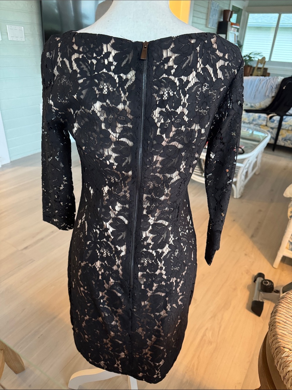 Vince Camuto Black Lace Long Sleeve Sheath Dress with Nude Lining - Picture 3 of 4